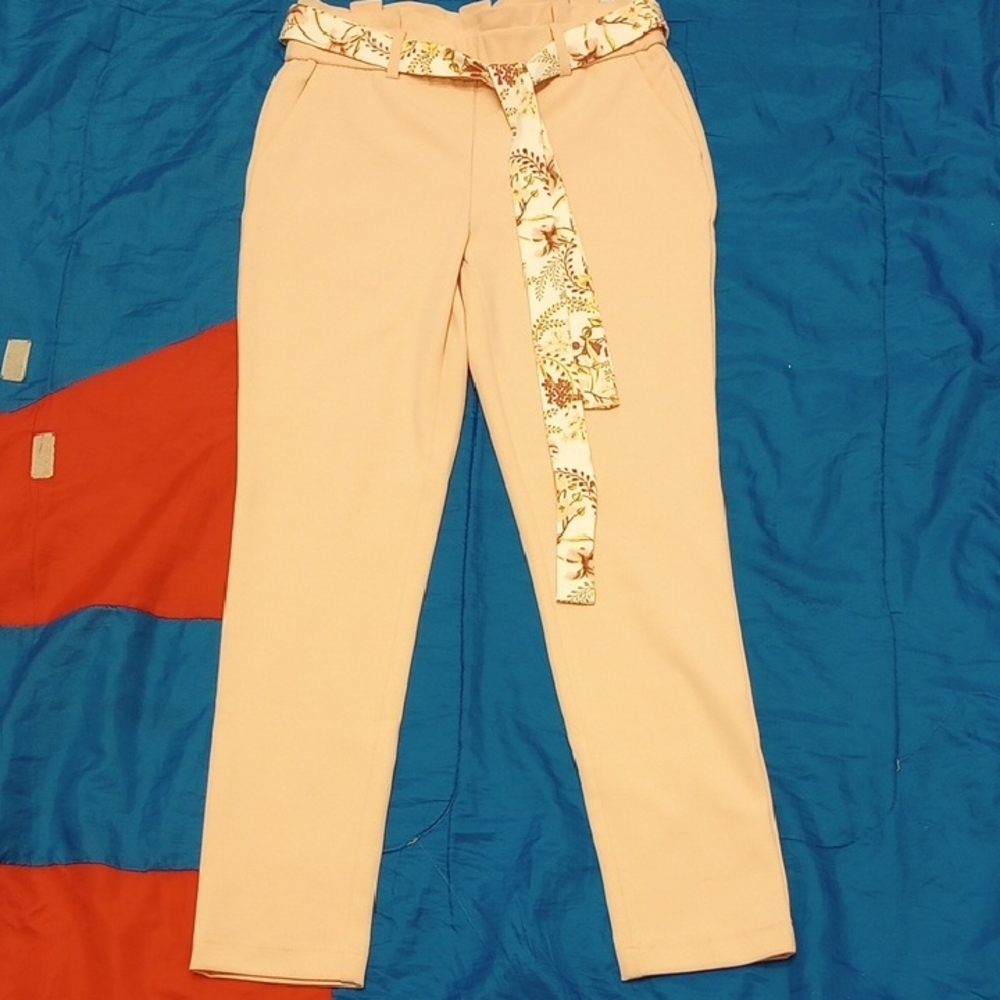 Elegant Cream Straight Leg Pants with Floral Belt